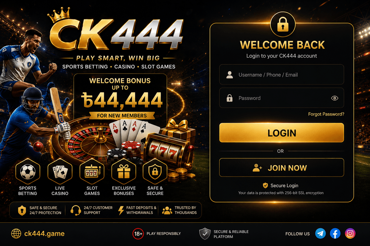 CK444 login screen — secure mobile account access with welcome bonus